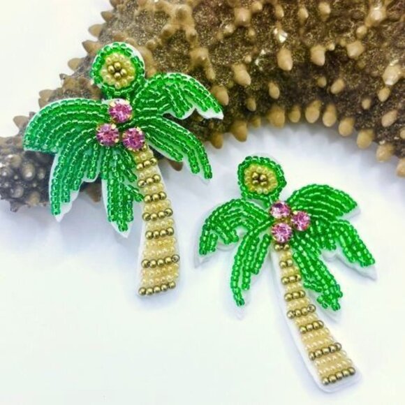 Fun Tropical Seed Bead Hand Beaded Palm Tree Rhinestone Coconuts Dangle Earrings - Picture 1 of 3